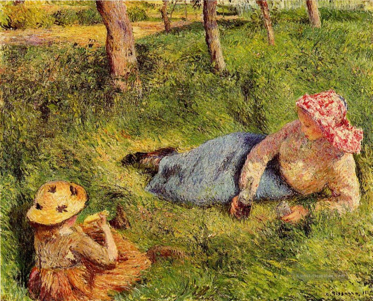 das Snack Kind und junger Bauer in Ruhe 1882 Camille Pissarro Ölgemälde